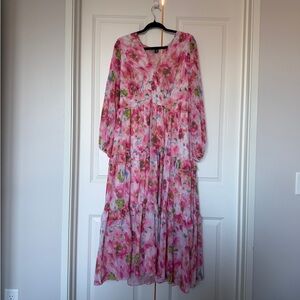 SHEIN Pink Floral Tiered Maxi Dress with Long Sleeves